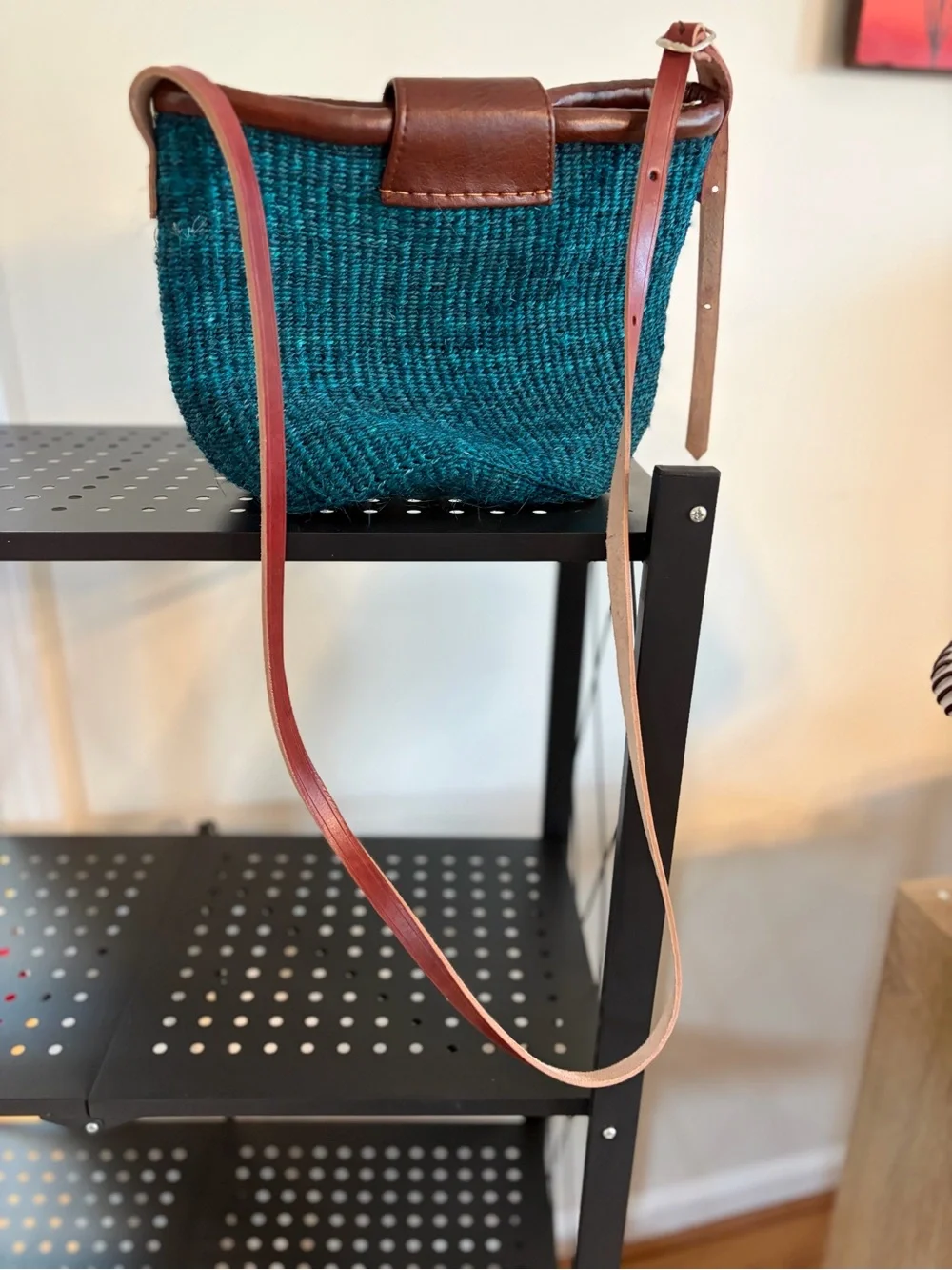 Teal Woven Clutch with Brown Leather Trim and Beaded Accent - Picture 3 of 8